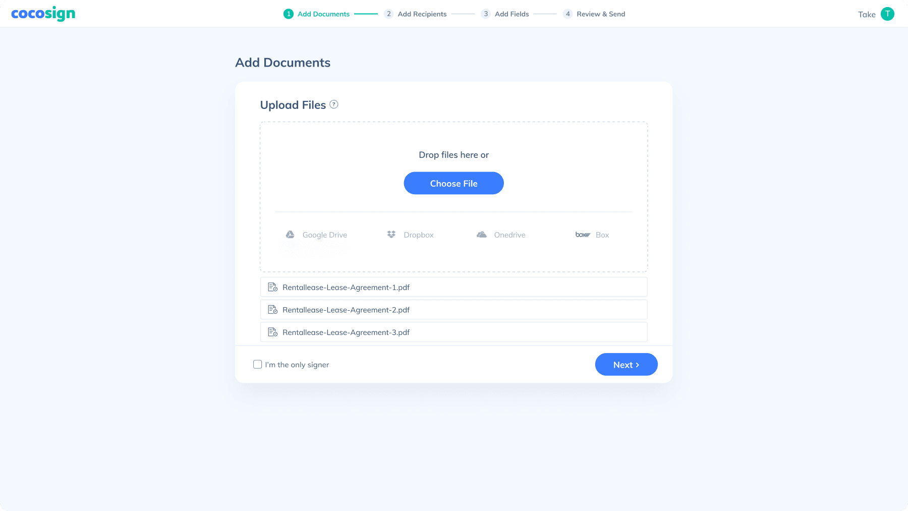 Add one or more PDFs to be signed
