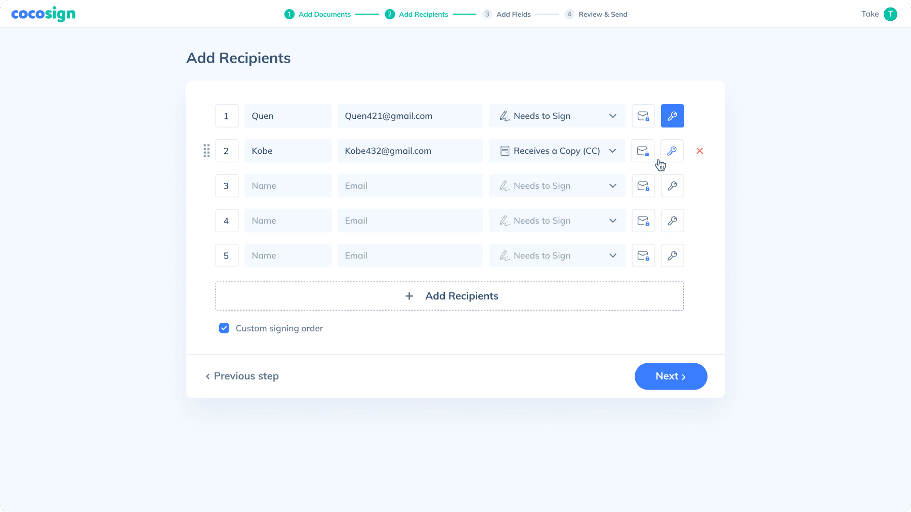 Add the email addresses of the recipients